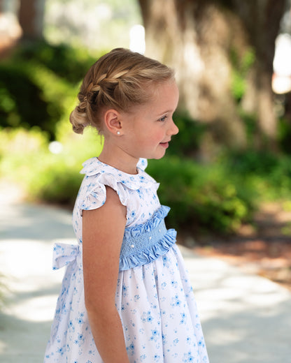 Blue Floral Smocked Ruffled Dress