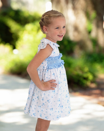 Blue Floral Smocked Ruffled Dress