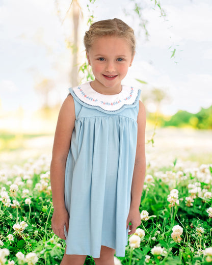 Blue Embroidered Scalloped Collar Dress