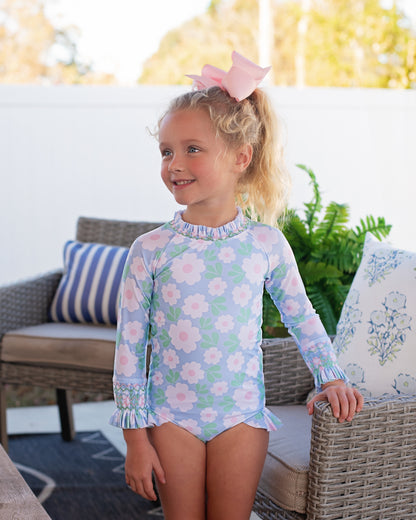 Pink And Blue Smocked Daisy Lycra Rashguard