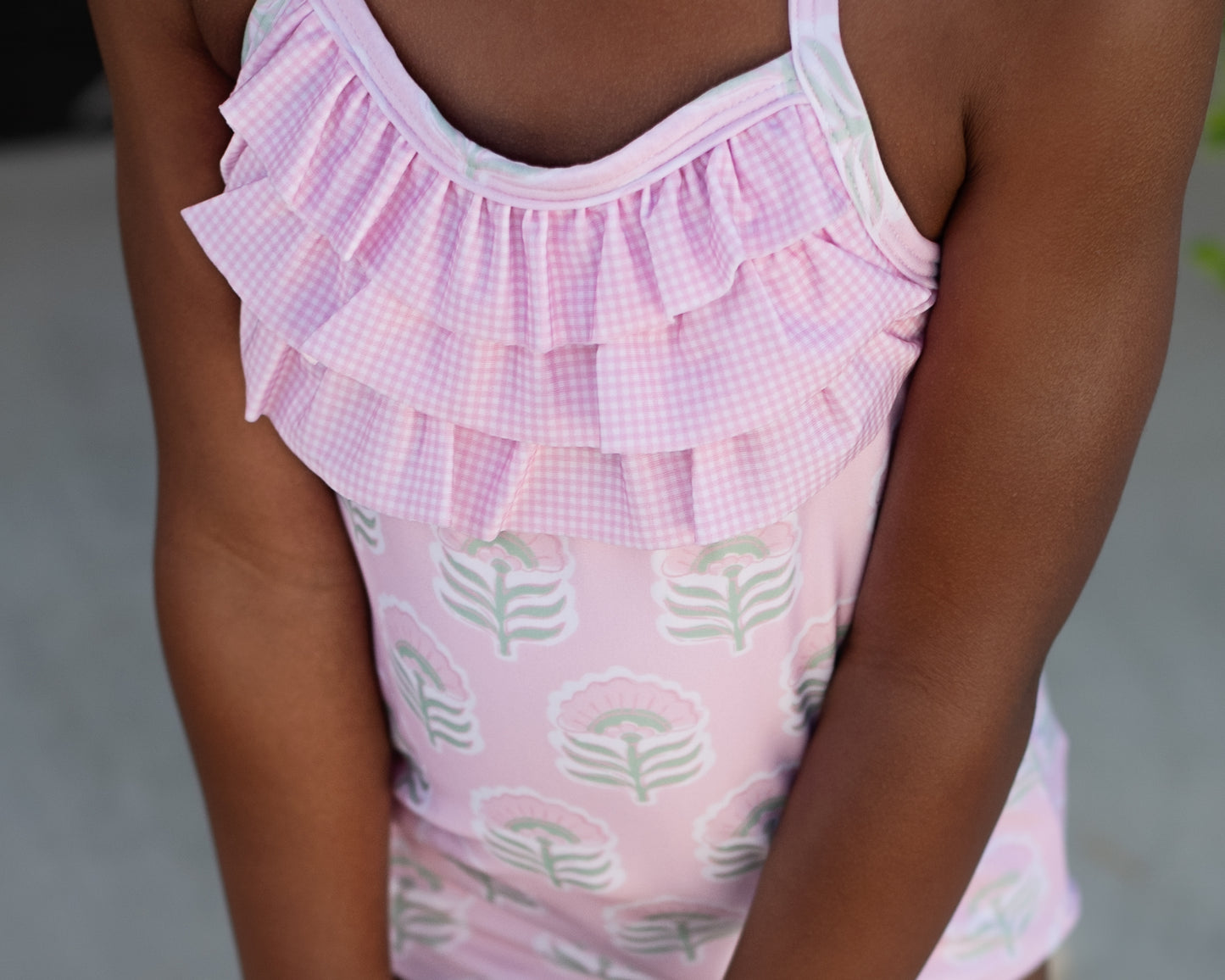 Pink And Mint Flower Print Lycra Swimsuit