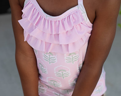 Pink And Mint Flower Print Lycra Swimsuit