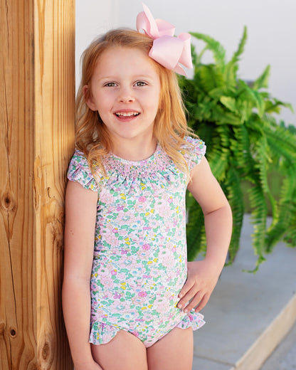 Pink And Green Smocked Liberty Floral Lycra Swimsuit