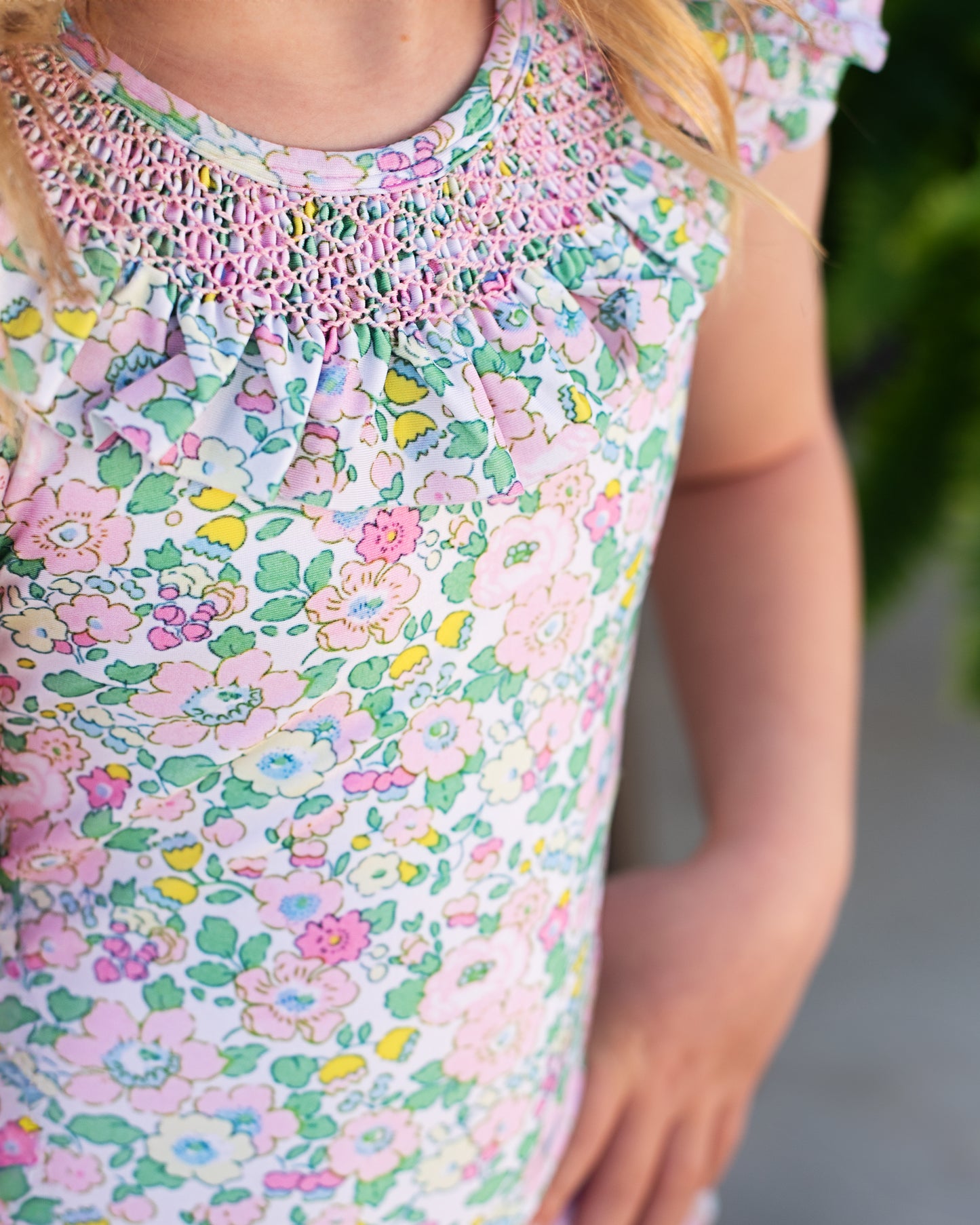 Pink And Green Smocked Liberty Floral Lycra Swimsuit