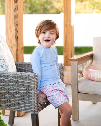 Blue And Pink Fish Print Swim Trunks