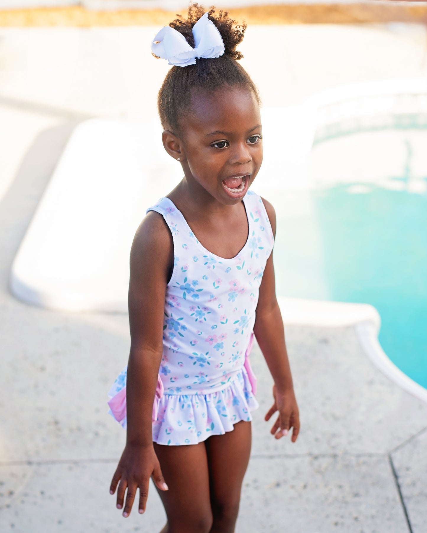 Pink And Blue Flower Print Lycra Swimsuit