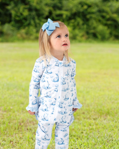 Blue Toile Bunny Knit Zipper Pajamas