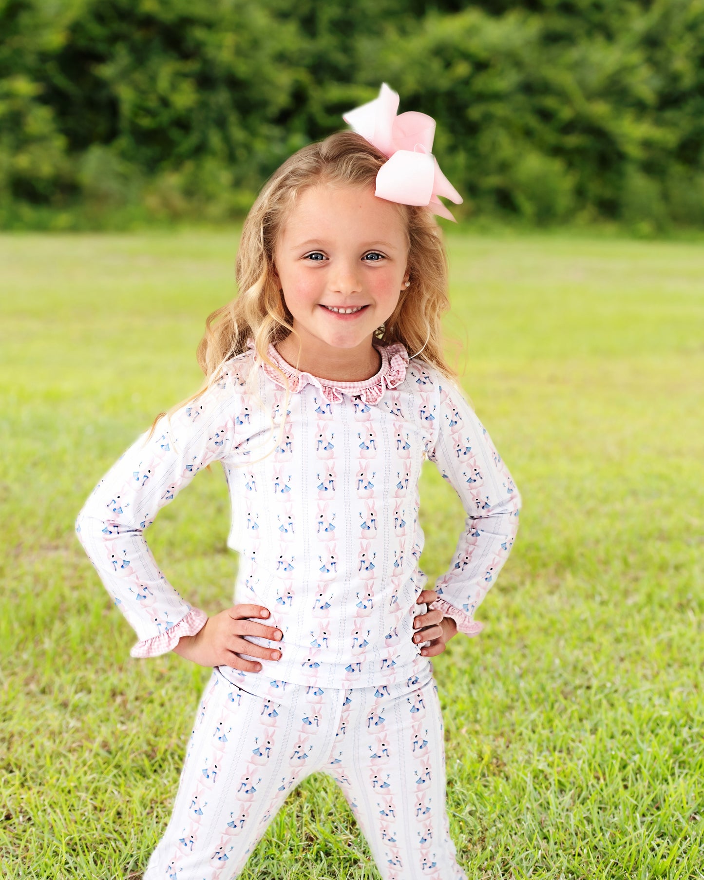 Pink And Blue Bunny Print Knit Pajamas