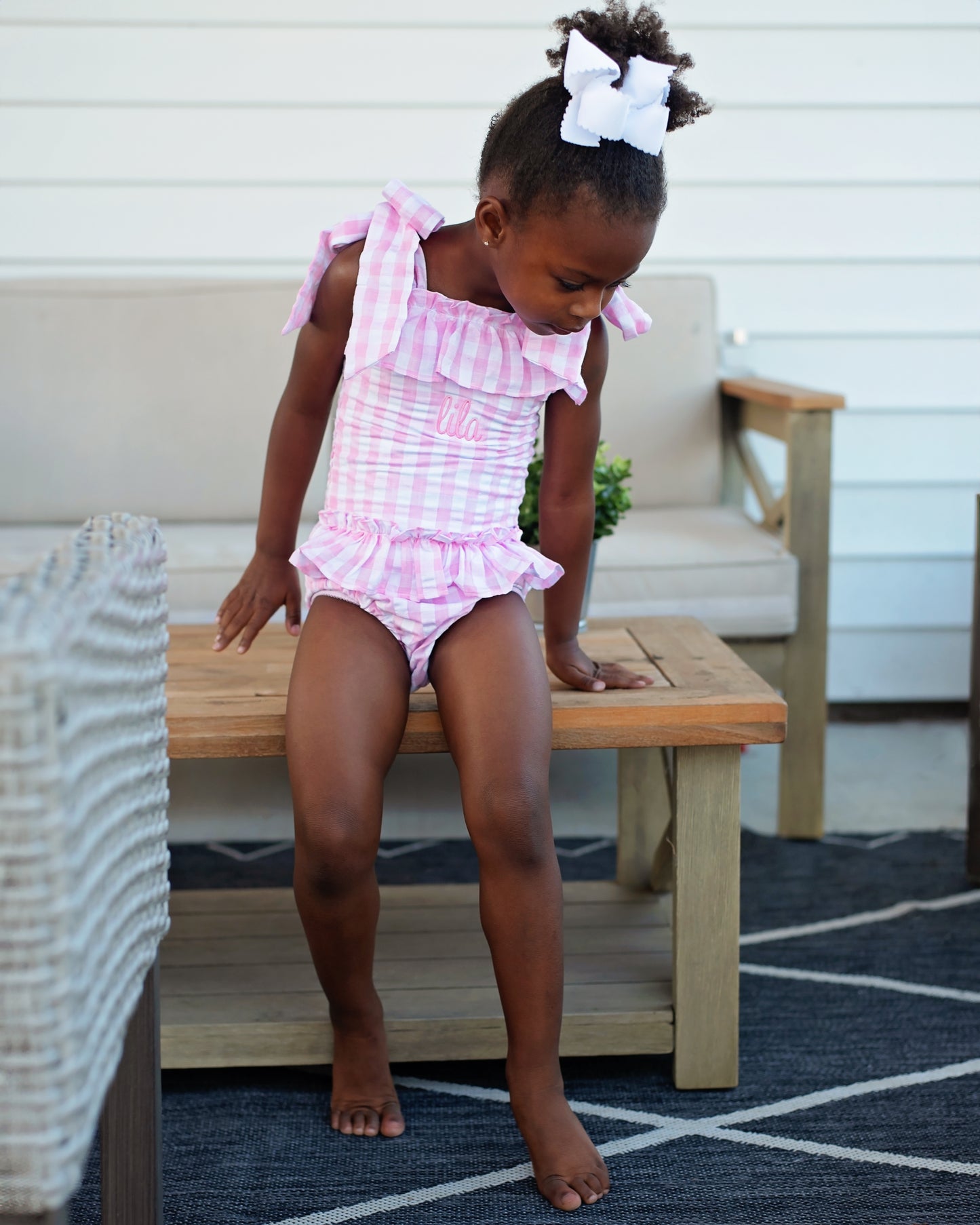 Pink Check Seersucker Ruched Swimsuit