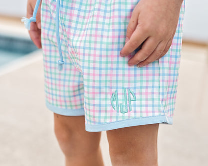 Blue, Pink And Green Swim Trunks