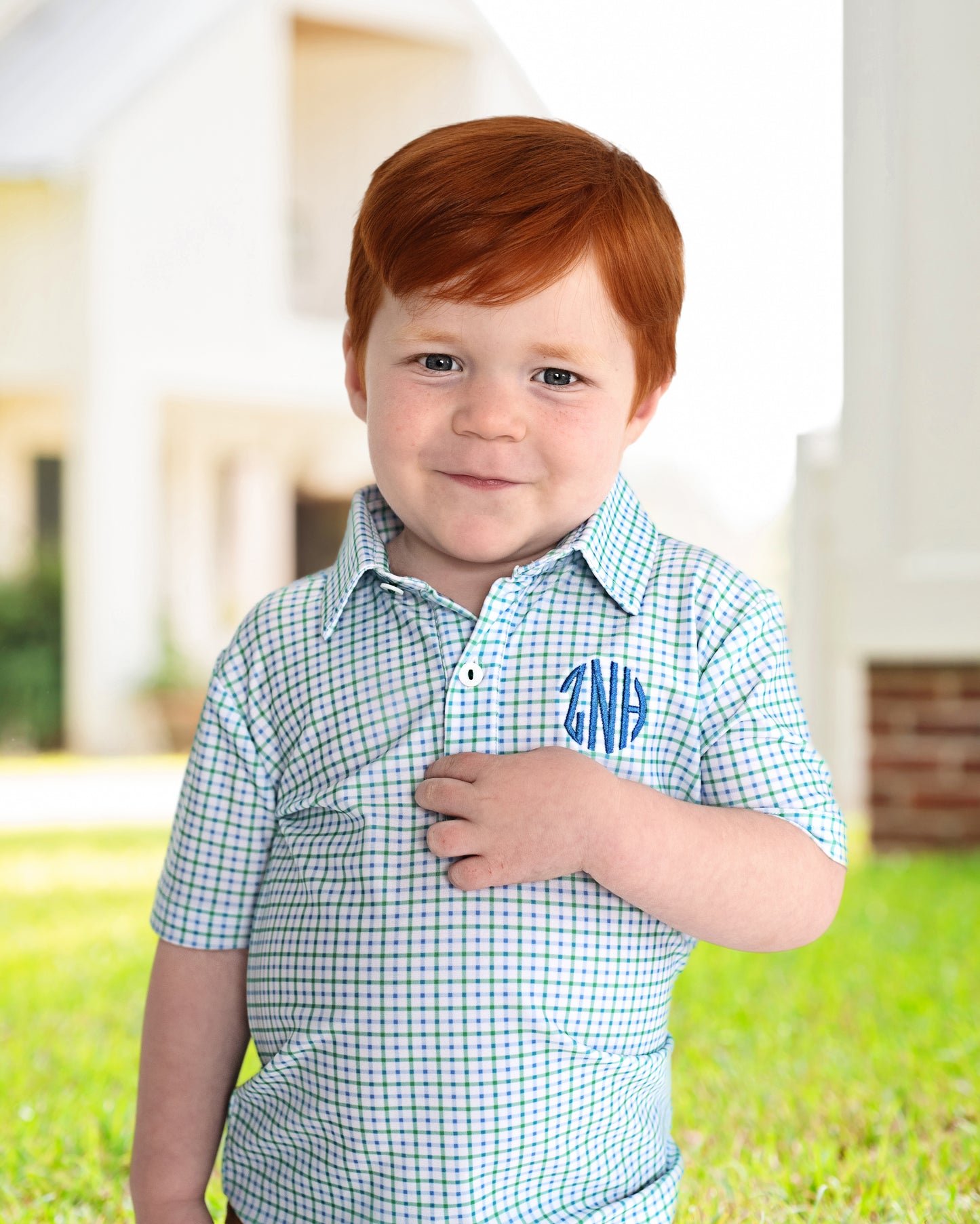 Blue And Green Windowpane Knit Polo Shirt