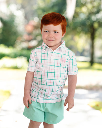 Pink And Green Windowpane Polo Short Set