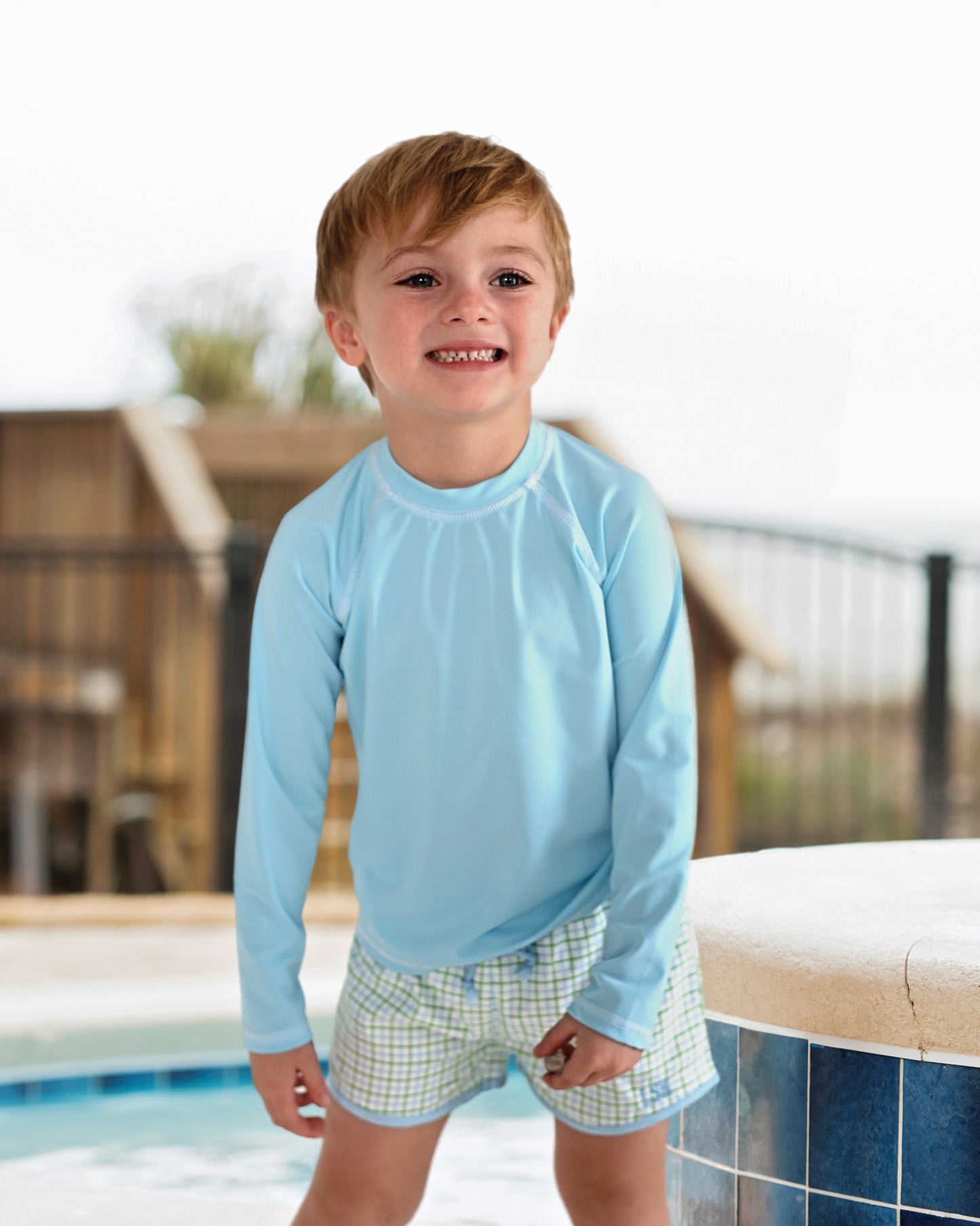 Blue And Green Windowpane Swim Trunks