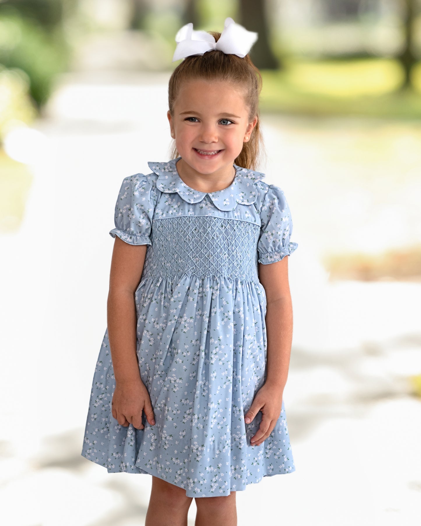 Blue And White Petite Floral Smocked Dress