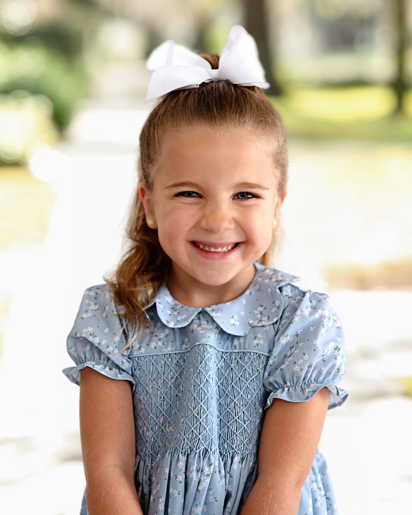 Blue And White Petite Floral Smocked Dress