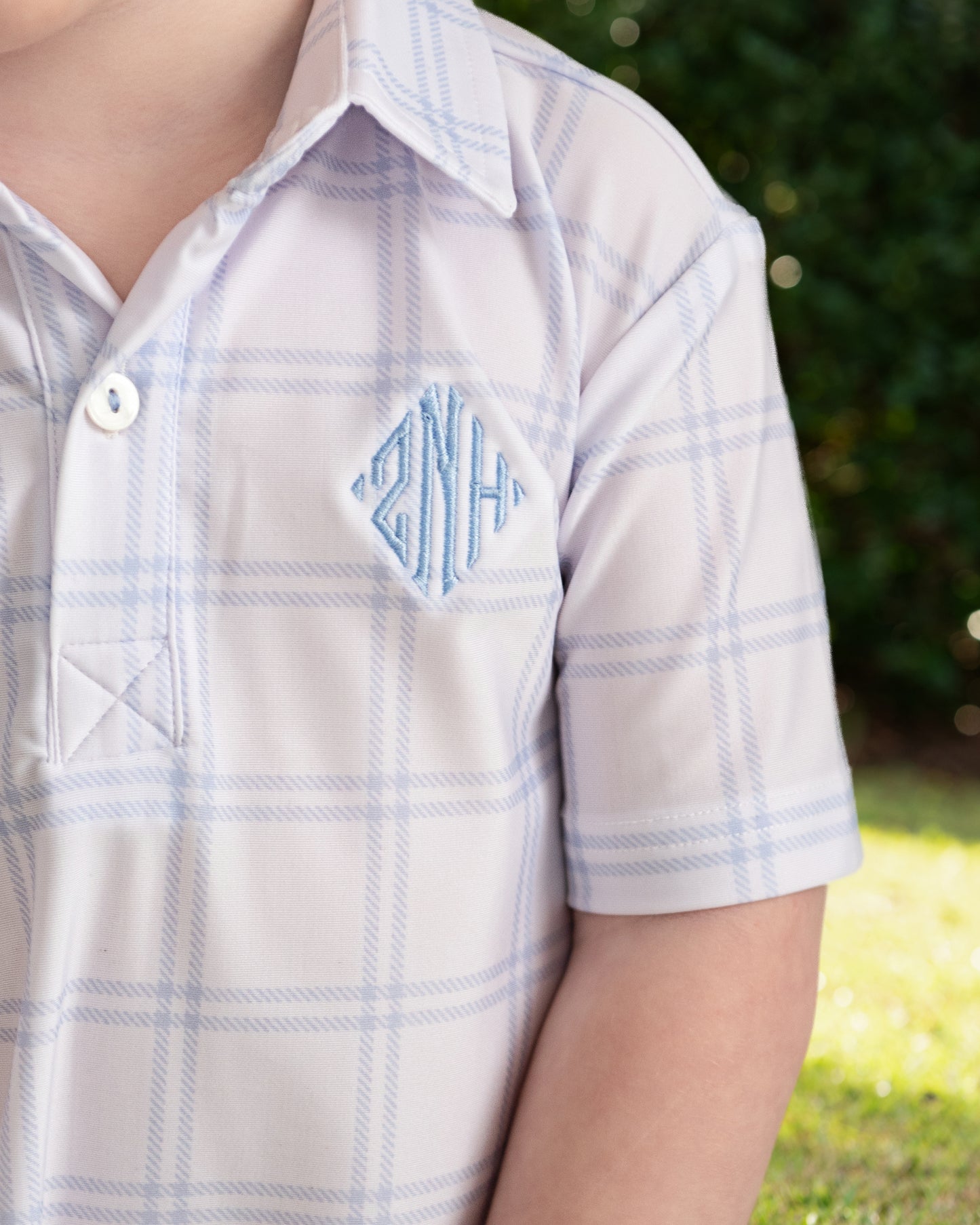 White And Blue Plaid Knit Polo Shirt