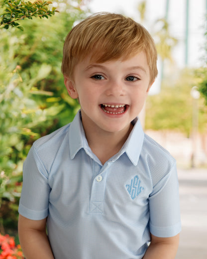 Blue Gingham Knit Polo Shirt