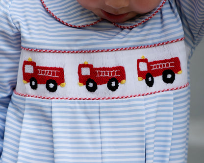 Blue Stripe Knit Smocked Firetruck Long Romper