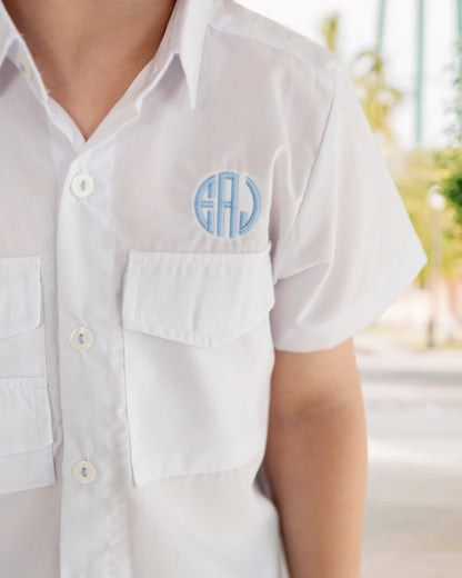 White Fishing Shirt With Velcro Pockets And Mesh Lining