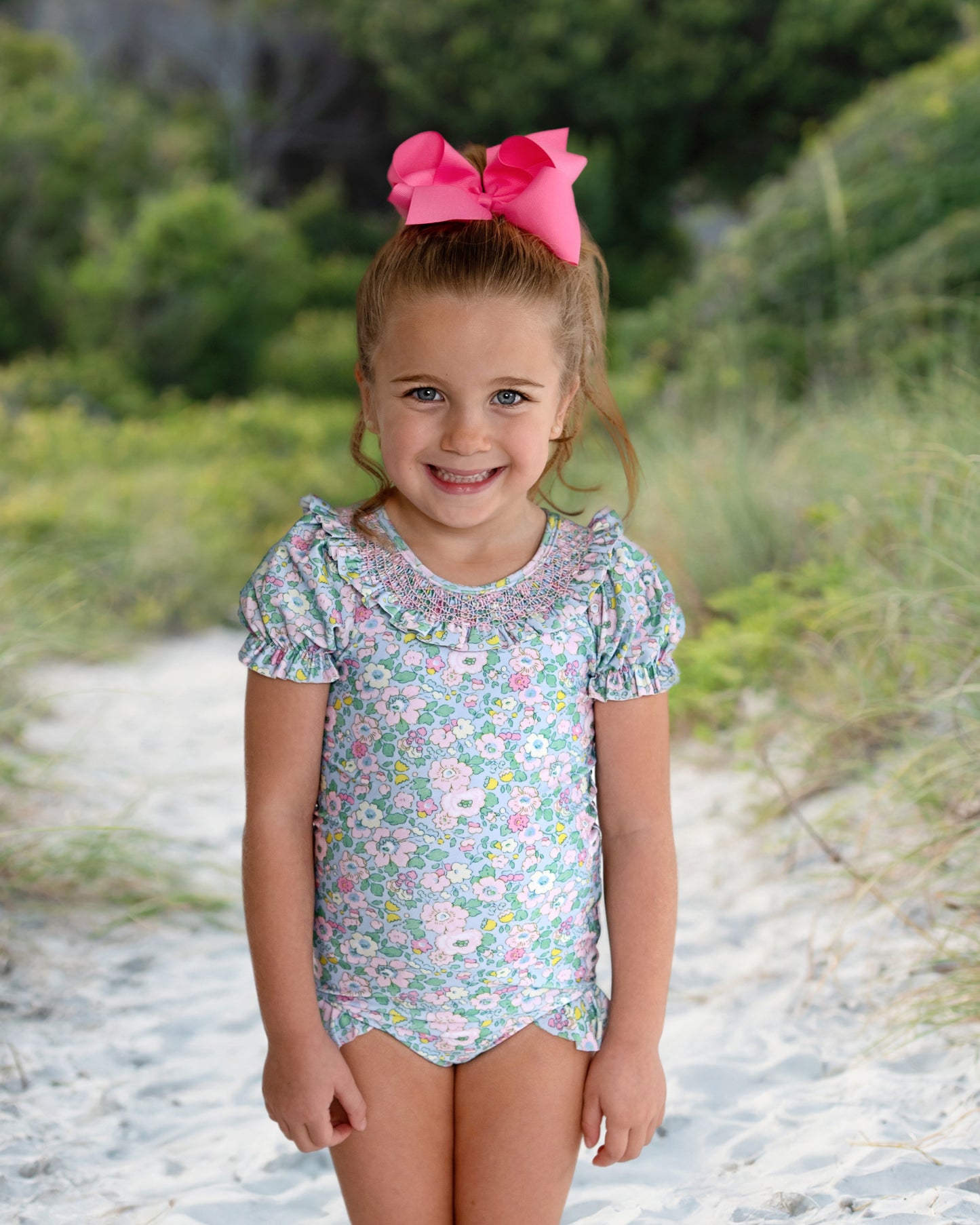 Blue And Pink Floral Smocked Puff Sleeve Lycra Swimsuit