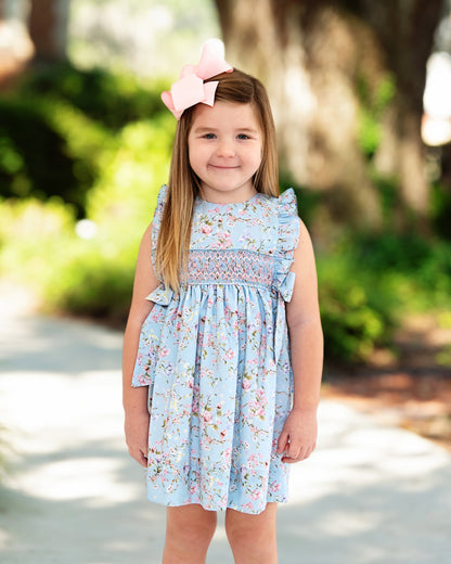 Blue Smocked Rose Garden Bow Dress