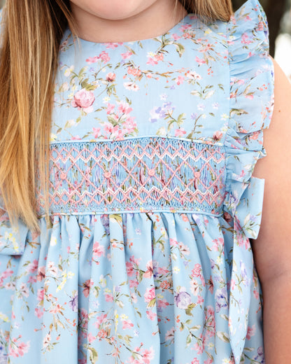 Blue Smocked Rose Garden Bow Dress