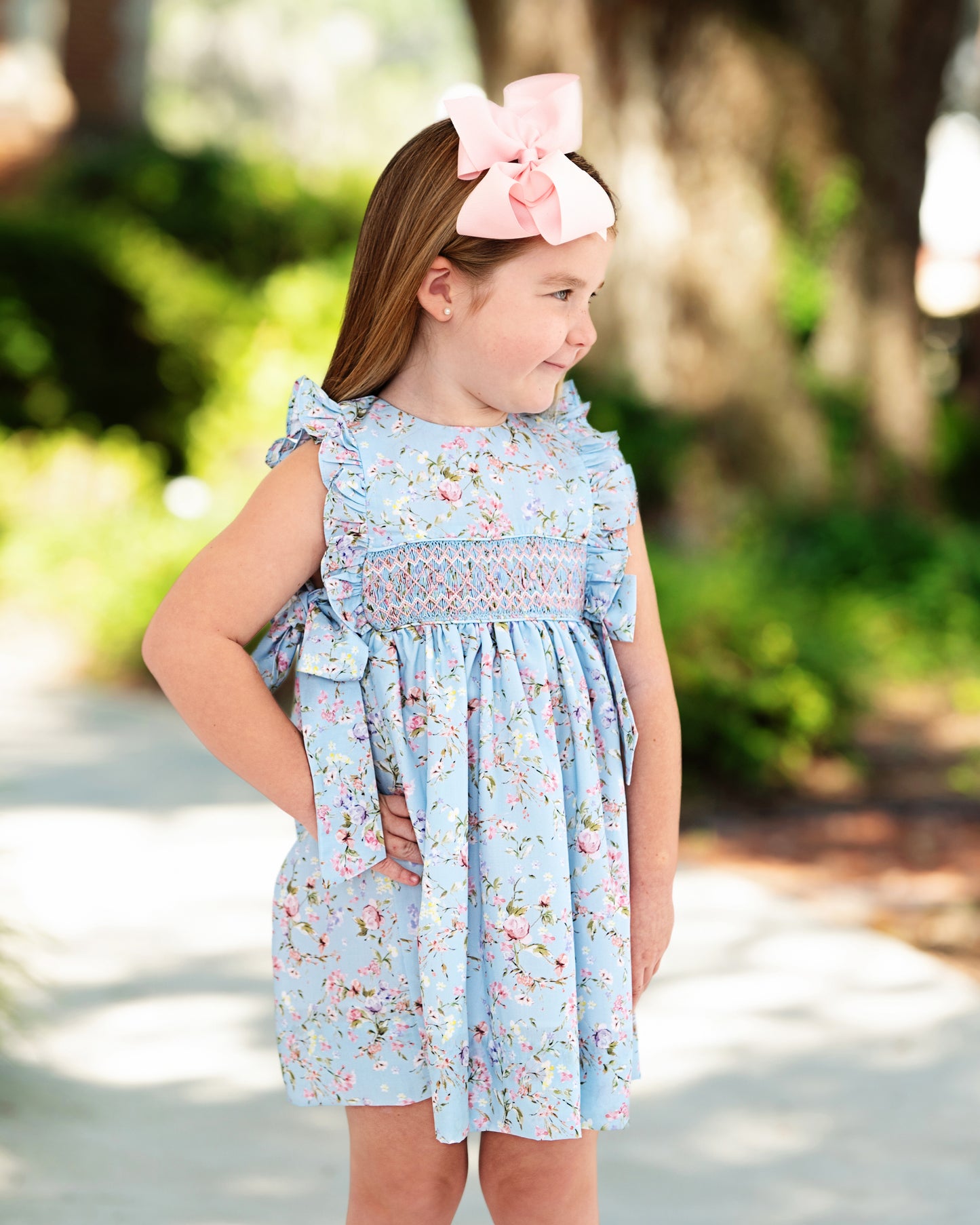 Blue Smocked Rose Garden Bow Dress