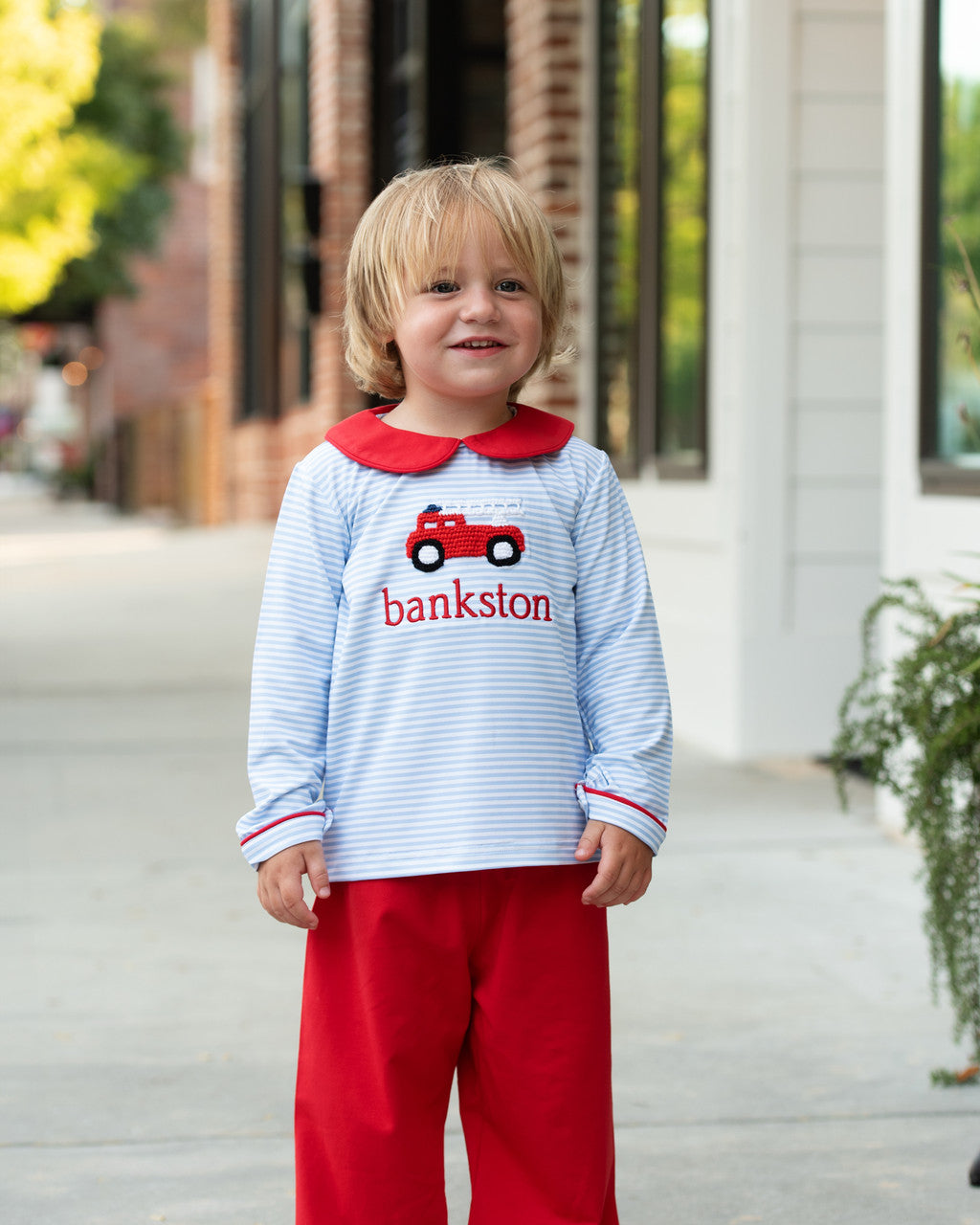 Blue Knit Stripe Crocheted Firetruck Pant Set