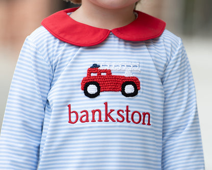 Blue Knit Stripe Crocheted Firetruck Pant Set