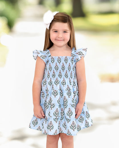 Blue Floral Block Print Smocked Dress