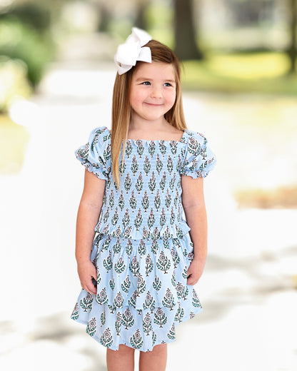 Blue Floral Block Print Smocked Skirt Set