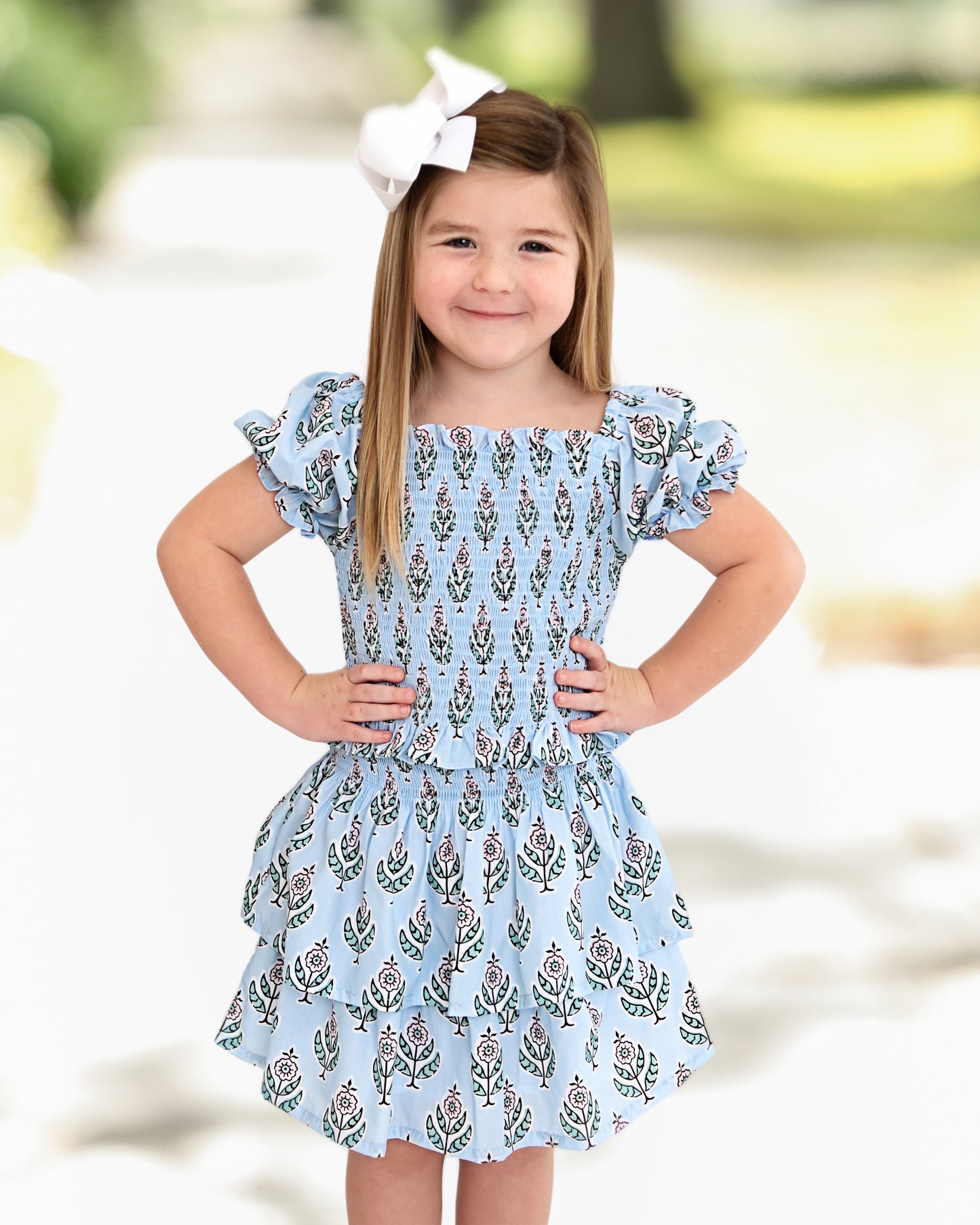 Blue Floral Block Print Smocked Skirt Set