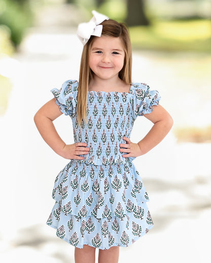 Blue Floral Block Print Smocked Skirt Set