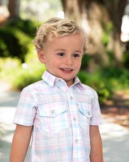 Pink And Blue Plaid Pearl Snap Shirt