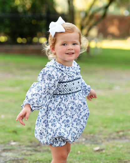 Navy Floral Smocked Rosette Bubble