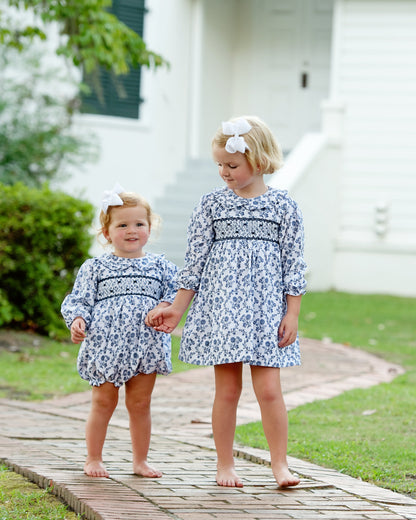 Navy Floral Smocked Rosette Bubble