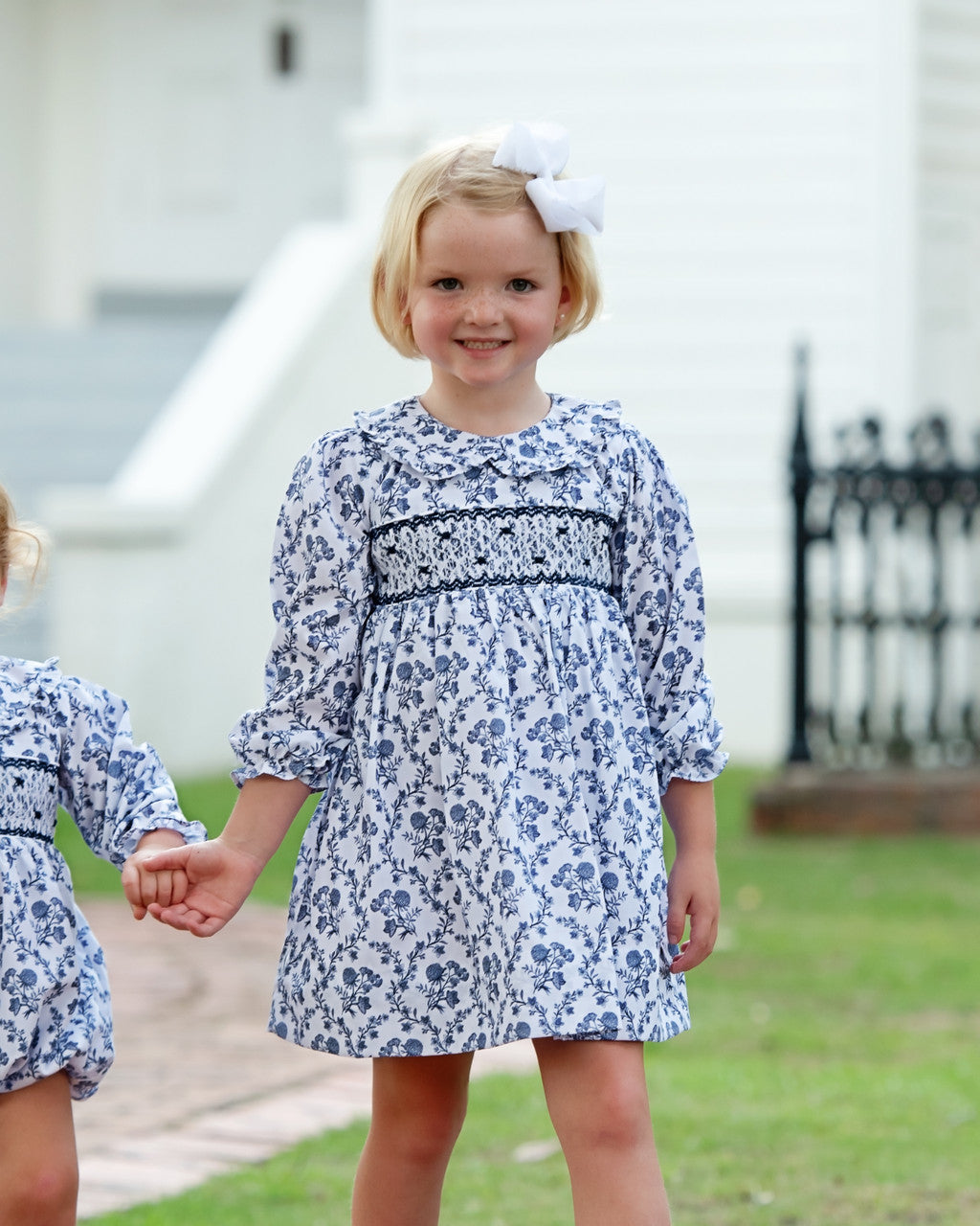 Navy Floral Smocked Rosette Dress