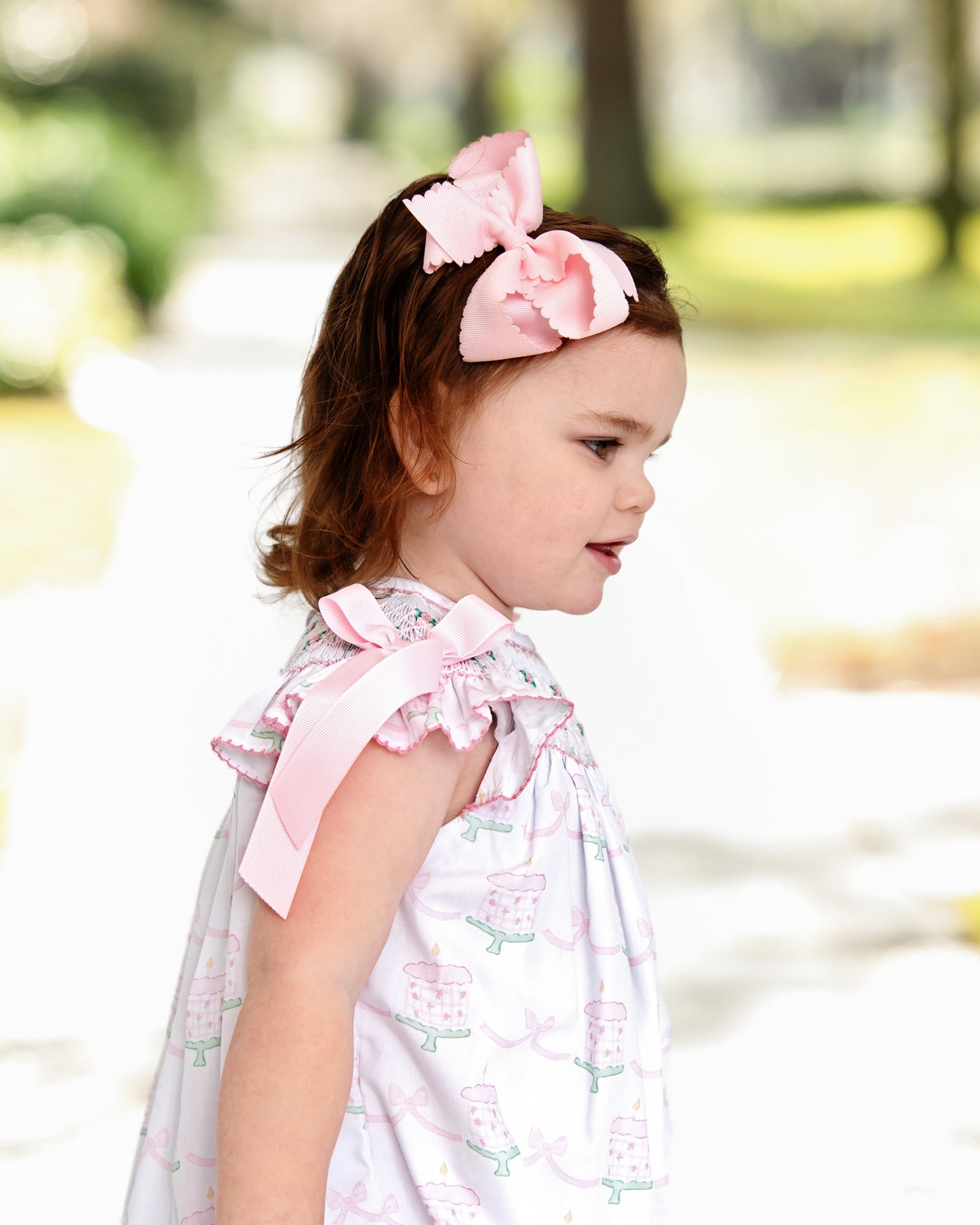 Pink And Green Smocked Birthday Cake Bow Bubble