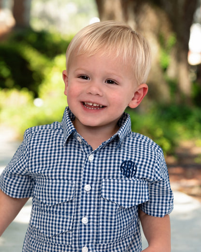 Navy Gingham Seersucker Fishing Shirt With Velcro Pockets And Mesh Lining