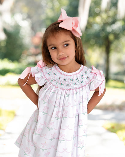 Pink And Green Smocked Birthday Cake Bow Dress