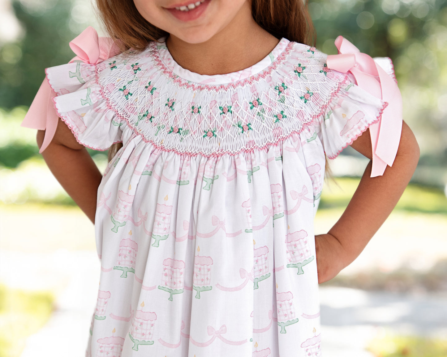 Pink And Green Smocked Birthday Cake Bow Dress