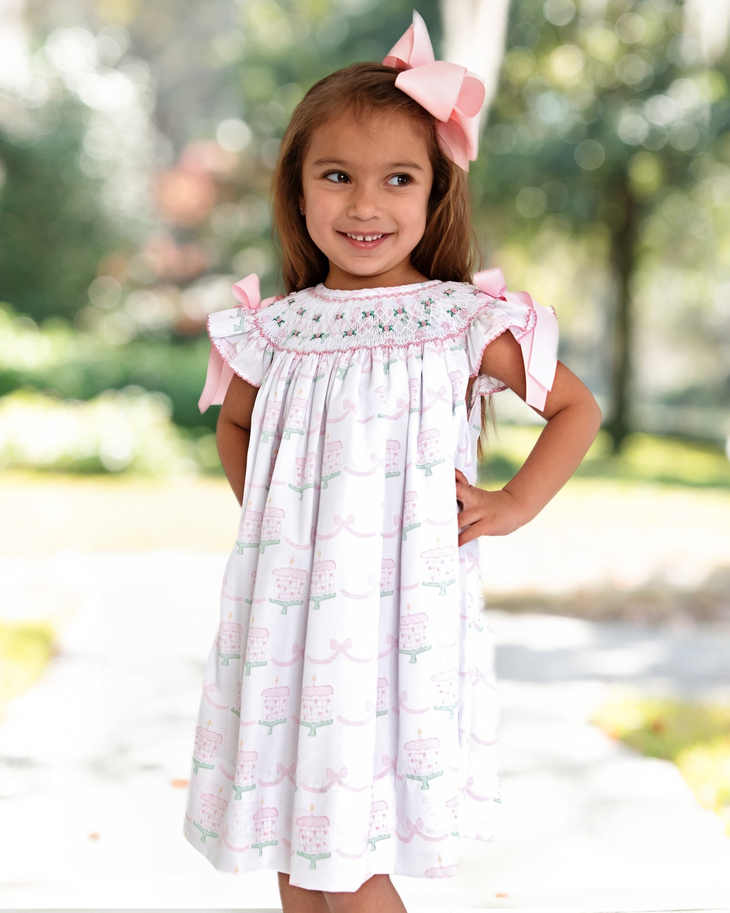 Pink And Green Smocked Birthday Cake Bow Dress