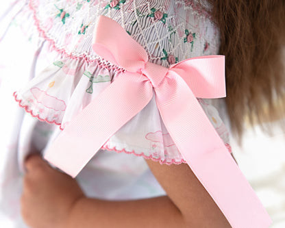 Pink And Green Smocked Birthday Cake Bow Bubble