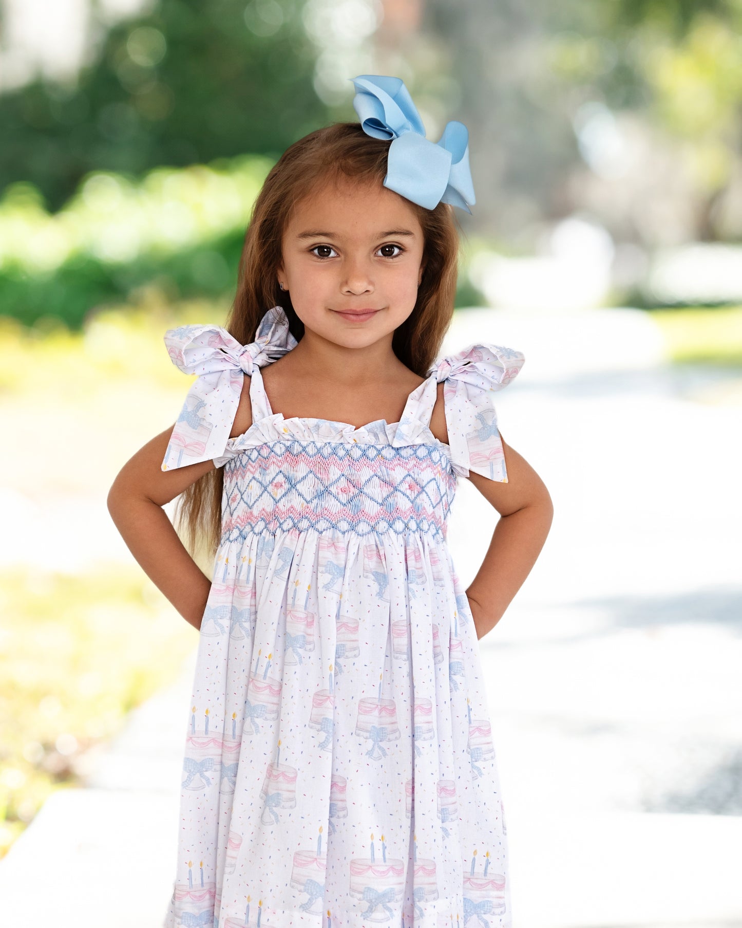 Pink And Blue Smocked Birthday Cake Shoulder Tie Dress