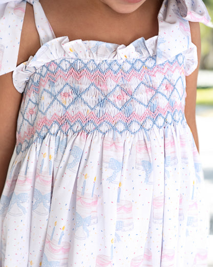 Pink And Blue Smocked Birthday Cake Shoulder Tie Dress