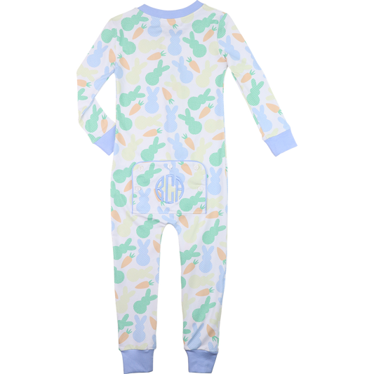 Blue Pastel Bunny And Carrot Print Knit Zipper Pajamas