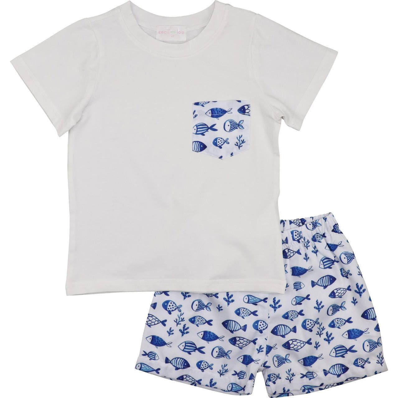 Navy Fish Print Short Set