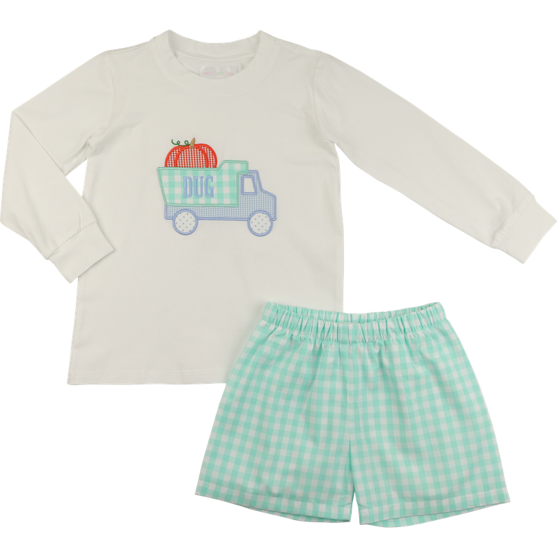 Mint Check Applique Pumpkin Dump Truck Short Set