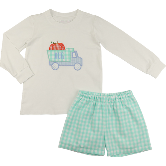 Mint Check Applique Pumpkin Dump Truck Short Set