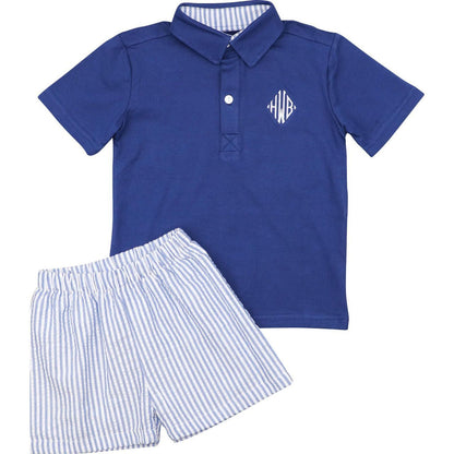 Navy Seersucker Polo Short Set